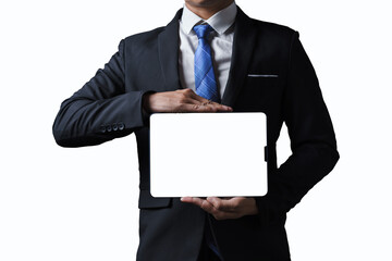 White background businessman holding tablet, economy icon Model economy concept for business growth