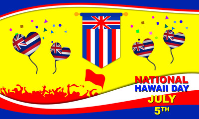 Hawaiian flag with new variations and love shaped balloons with Hawaiian flag pattern and silhouettes of people celebrating National Hawaii Day on July 5
