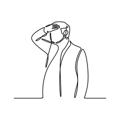 continuous line drawing of worried young man holding his forehead, Worried man isolated, tired man holding his head, man with headache