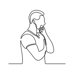continuous line drawing of young man standing looking thoughtful