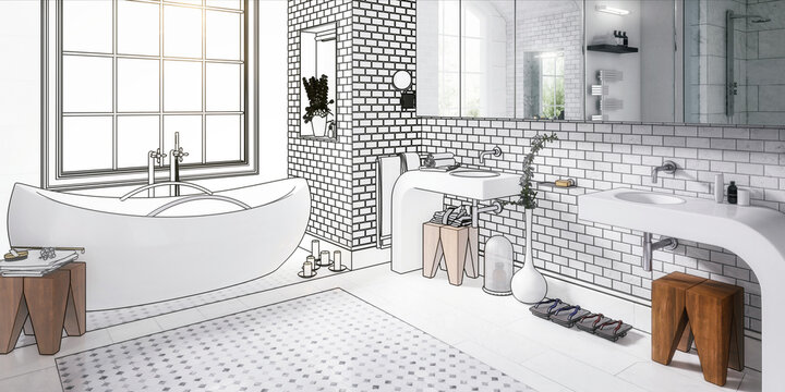 Entwurf eines Badezimmers in modernem Design mit Badewanne und Doppel-Waschbecken - 3D Visualisierung