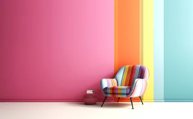Fotobehang Per kamer Abstract minimal concept. Pastel multi colour vibrant groovy retro striped background wall frame with bright armchair decor. Mock up template for product presentation. 3D rendering. copy text space  © Sandra Chia