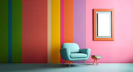 Abstract minimal concept. Pastel multi colour vibrant groovy retro striped background wall frame with bright armchair decor. Mock up template for product presentation. copy text space
