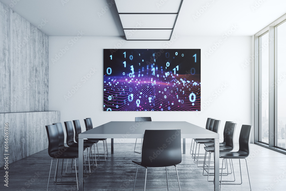 Leinwandbilder Creative concept of binary code illustration on presentation screen in a modern conference room. Big data and coding concept. 3D Rendering