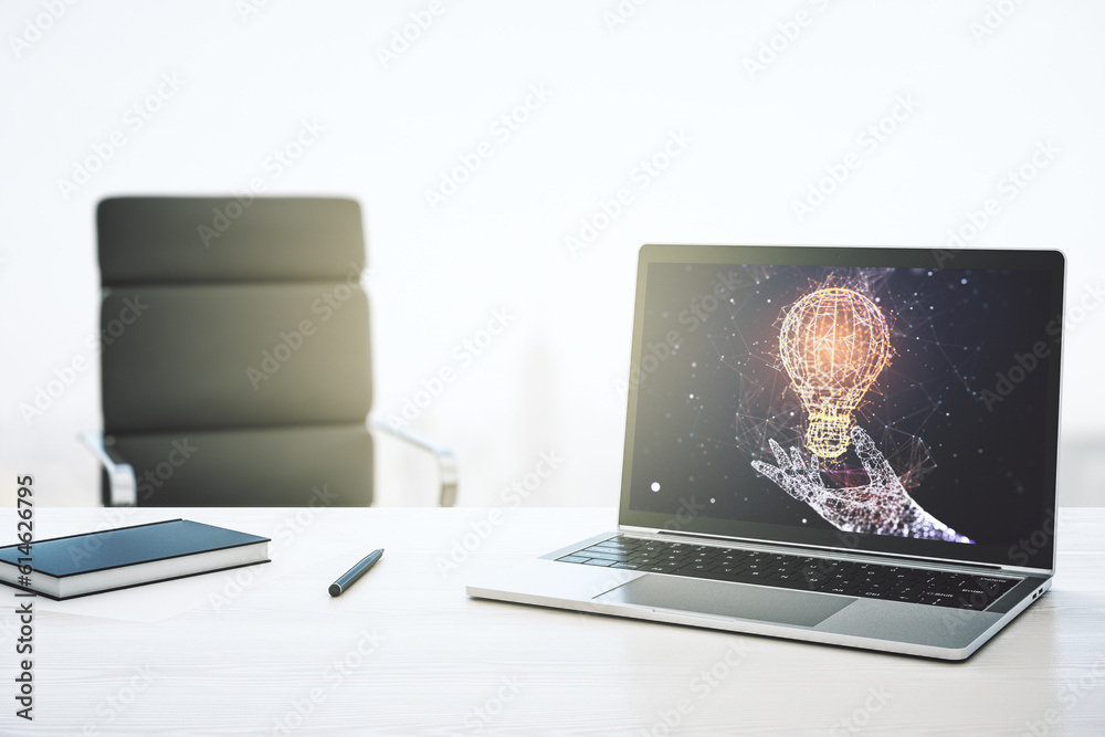 Poster creative light bulb hologram on modern laptop monitor, idea concept. 3d rendering