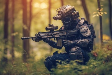 Special forces soldier police a with high technology gun. Generative AI