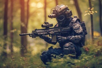 Fototapeta premium Special forces soldier police a with high technology gun. Generative AI