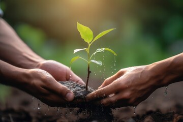 Two hands holding water and watering young tree. Earth day concept. Generative AI