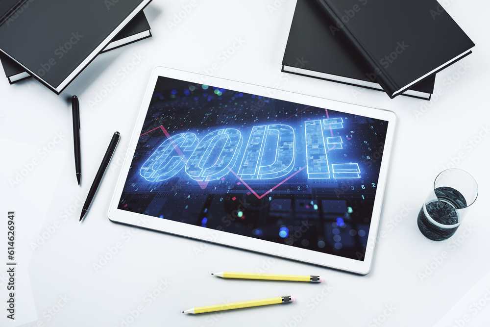 Leinwandbilder creative code word sign on modern digital tablet display, international software development concept