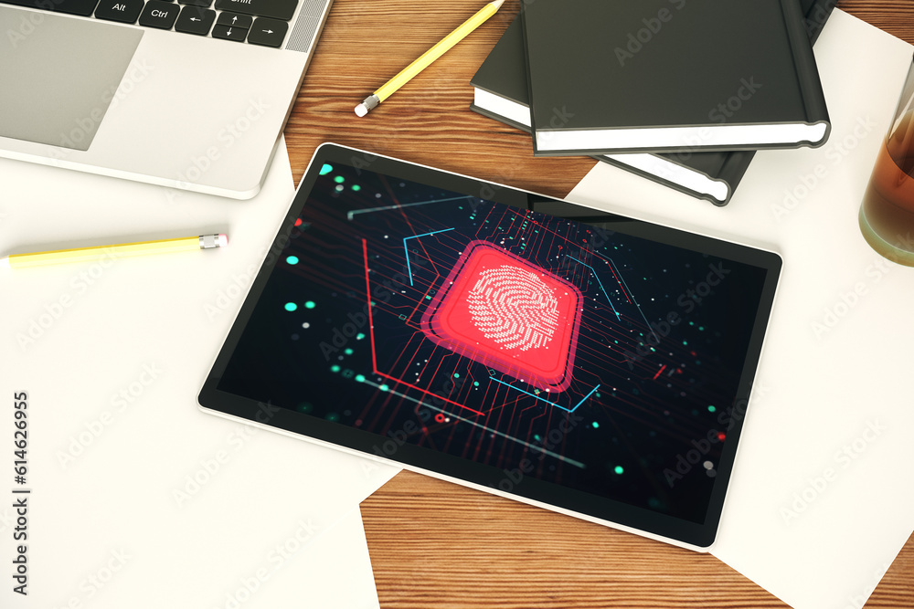 Poster Top view of modern digital tablet display with creative fingerprint hologram, personal biometric data concept. 3D Rendering