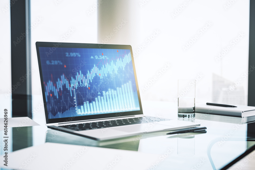 Poster Modern computer display with abstract financial graph, financial and trading concept. 3D Rendering