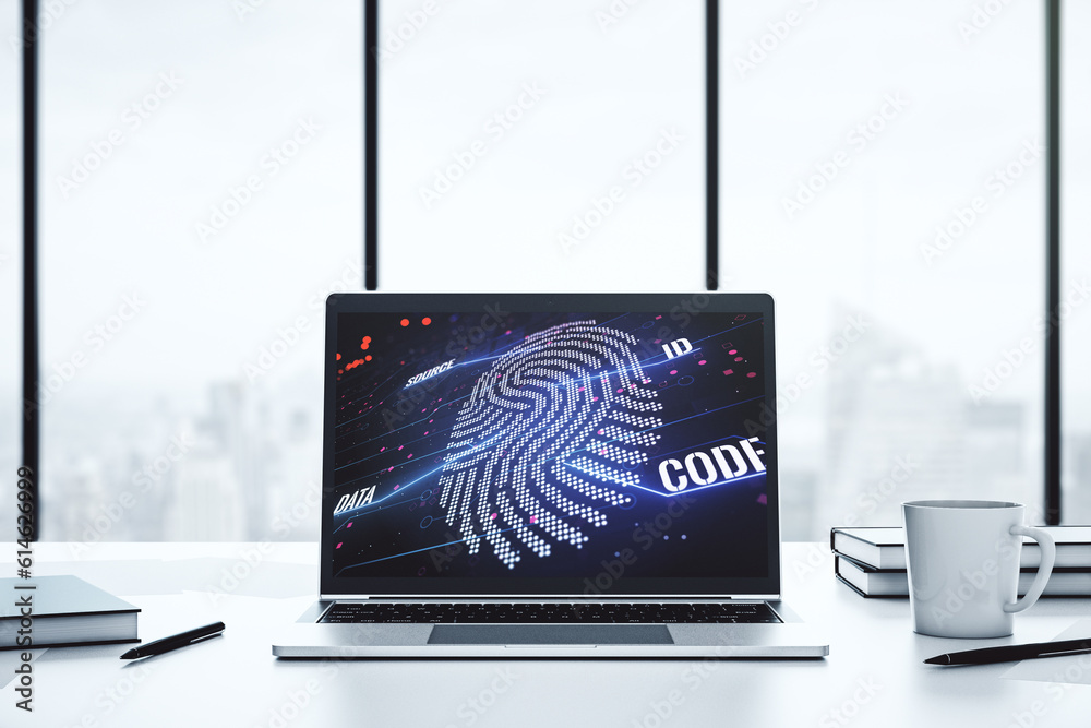 Aufkleber Computer monitor with abstract creative fingerprint illustration, personal biometric data concept. 3D Rendering