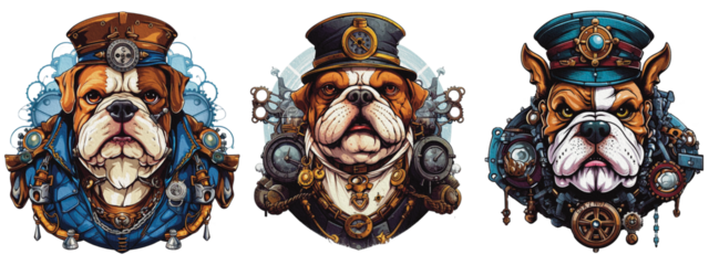 Set of a fantastic portrait bulldog of an attractive steampunk style. animal as mechanical cyber animal isolated on a transparent background, generative AI technology