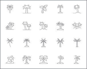 Simple Set of palm tree Related Vector Line Icons. Vector collection of summer, tree, beach, plant, tropical, nature, outdoor, greenery, evergreen, coconut and design elements symbols or logo element.