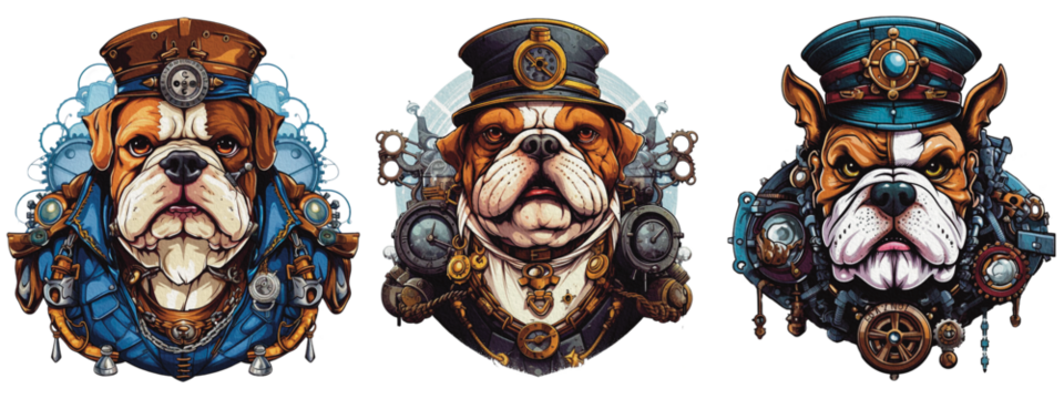 Set of a fantastic portrait bulldog of an attractive steampunk style. animal as mechanical cyber animal isolated on a transparent background, generative AI technology