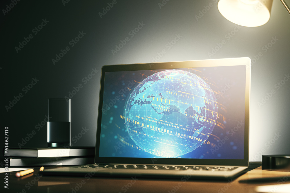 Leinwandbilder modern computer monitor with abstract programming language with world map, research and development 