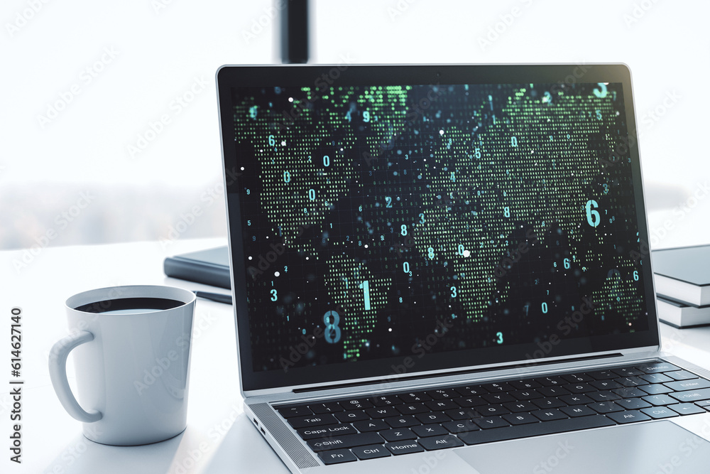 Poster Abstract creative coding concept with world map on modern laptop screen. 3D Rendering