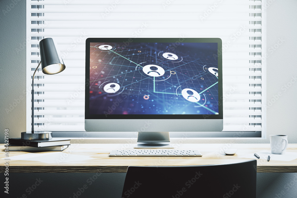 Poster Modern computer screen with social network media concept. 3D Rendering