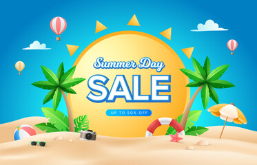 Flat gradient summer sale template. Composition of yellow sun, ball, beach umbrella, starfish, sun glasses, camera, tropical plant, hot air balloon with beach sand. Summer holiday concept.
