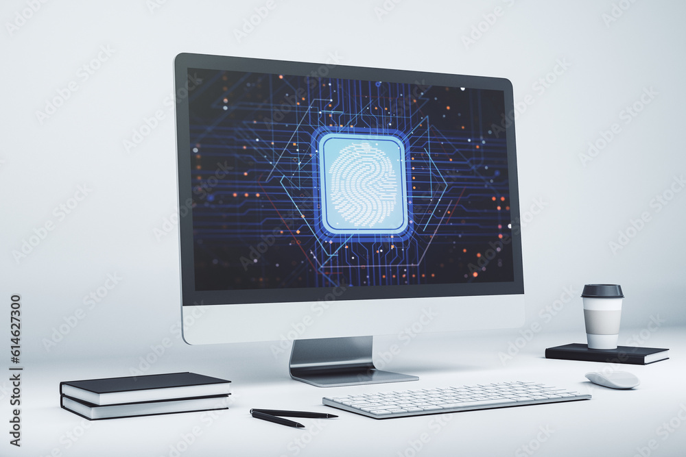 Aufkleber Computer monitor with abstract creative fingerprint illustration, personal biometric data concept. 3D Rendering