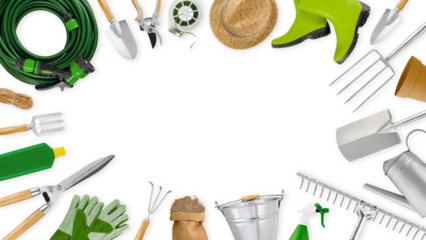 Gardening tool equipment. Top view isolated on white background with copy space. Online shopping commerce or banner for florist shop or greenhouse. Pruning, horticulture and vegetable garden