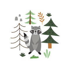 cute vector illustration with raccoon surrounded by forest elements for your design