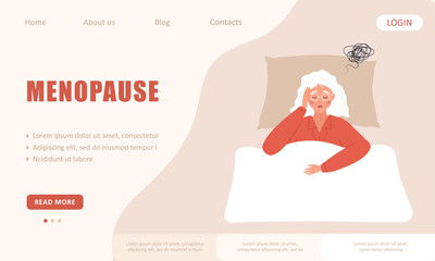 Menopause landing page template. Tired elderly woman suffer from headache. Sleepless female character lying in bed. Insomnia or sleep disorder concept. Vector illustration in flat cartoon style.