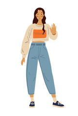 A student girl shows a stop sign with her hand, a symbol of denial, disagreement. Sign language communication, flat vector illustration isolated on white background, female cartoon character.