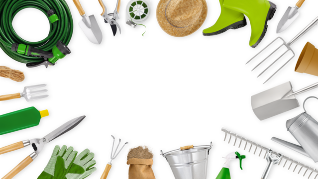 Gardening tool equipment. Top view isolated on white background with copy space. Online shopping commerce or banner for florist shop or greenhouse. Pruning, horticulture and vegetable garden
