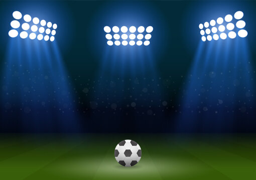 Football Stadium or Soccer Stadium at Night with Spotlight. Football Field or Soccer Field Arena. Vector Illustration. 