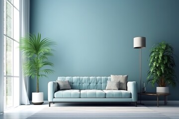 Fototapeta na wymiar bright living room interior with royal blue couch | White minimalist living room interior with sofa | Modern luxury living room | Modern mid century interior of living room, Generative AI