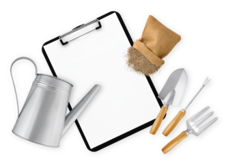 Gardening tool equipment, watering can, trowel and seeds with clipboard. Top view isolated on white background with copy space. Sow and care Schedule for vegetable garden and  flower planting seasons