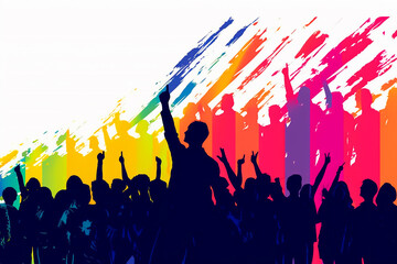 waving a rainbow flag in a crowd