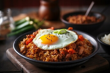 a plate of fried rice with sunny side up egg