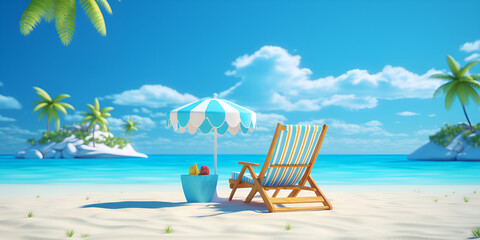 Obraz na płótnie Canvas 3d summer background on the beach, Deckchairs and parasol on sunny beach created using generative ai technology