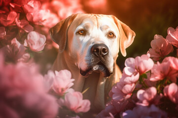 Labrador dog between pink flowers.