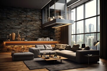 Plakat Beautiful Living Room in New Luxury Home with Fireplace and Roaring Fire. Large Bank of Windows Hints at Exterior View,Generative AI