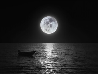 Bright and beautiful dramatic super moon over the ocean with small boat and reflection of bright...