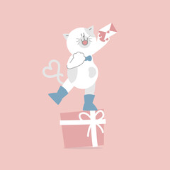 cute and lovely cat with gift and love letter, happy valentine's day, birthday, love concept, flat vector illustration cartoon character design isolated