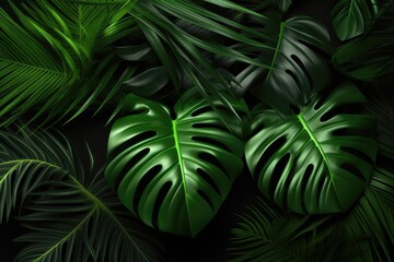closeup nature view of green leaf and palms background. Flat lay, dark nature concept, tropical leaf. AI Generation.