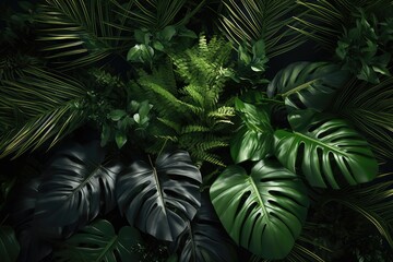 Exotic tropical background with Hawaiian plants. Seamless indigo tropical pattern with monsteras and sabal palm leaves. AI Generation