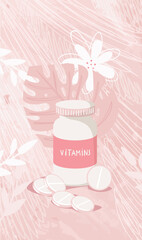 Tablets of vitamins and supplements, a jar with several tablets on a pink background for stories, sports nutrition, a flat vector illustration on a white background.