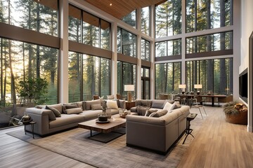 Beautiful Living Room in New Luxury Home with Fireplace and Roaring Fire. Large Bank of Windows Hints at Exterior View,Generative AI
