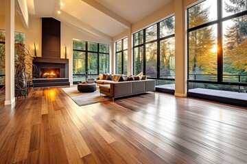 Beautiful Living Room in New Luxury Home with Fireplace and Roaring Fire. Large Bank of Windows Hints at Exterior View,Generative AI