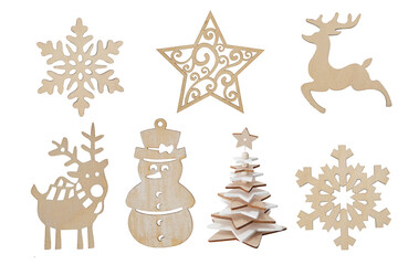 Christmas decoration wood. Ornaments christmas decoration wood set on isolated.