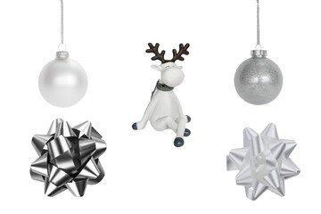 Christmas decorations collection. Set of white silver trendy decorations for new year design,...