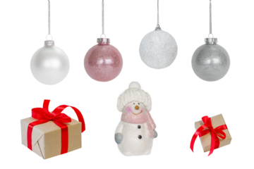 Christmas clip art. Set of design elements isolated on a white background. Gift boxes with red ribbons, snowman, white, silver and pink christmas balls