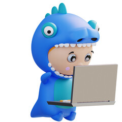 3D Illustration Dino Was Holding A Laptop
