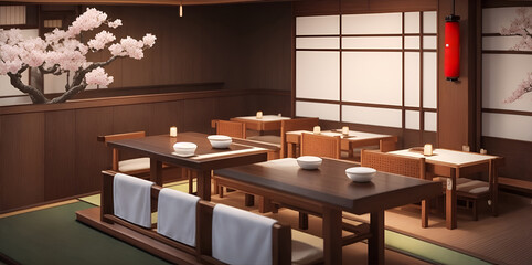 Japanese restaurant. tables in a classic style traditional Japanese style restaurant. Generative AI