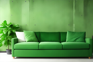 Living room with green sofa and decoration room on empty concrete wall background. Generative AI